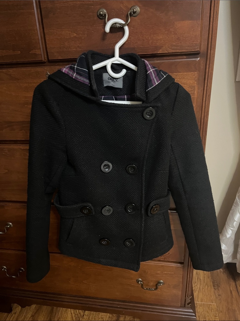 ONLY Black Double-Breasted Hooded Peacoat with Plaid Lining